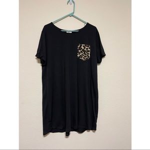 Black TShirt Dress with Leopard Front Pocket